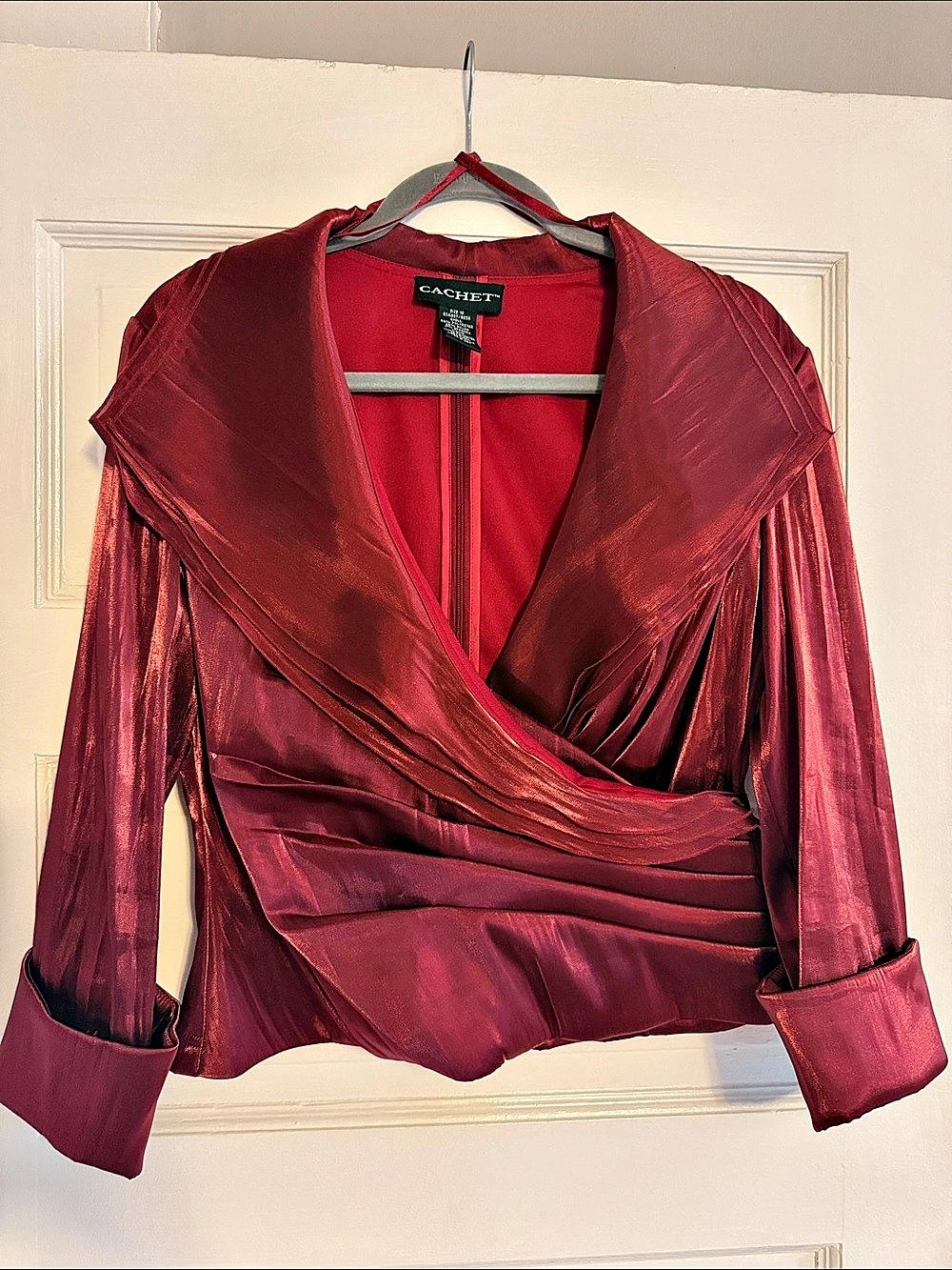 Cachet Wrap Front Shiny Blouse in Red Size 10